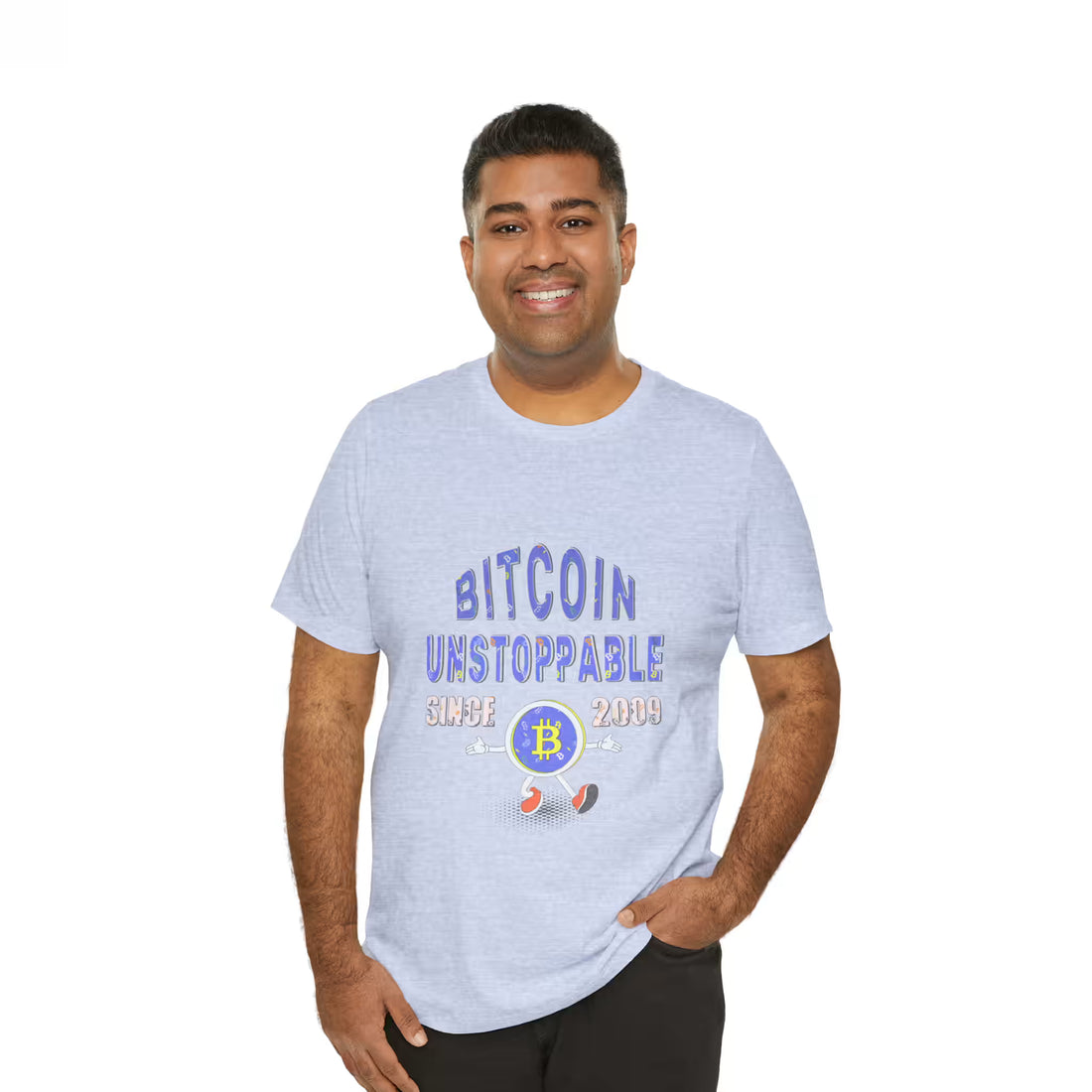 Front view of two models wearing heather prism blue Bitcoin Unstoppable Since 2009 t-shirts. Stacking sats side by side.
