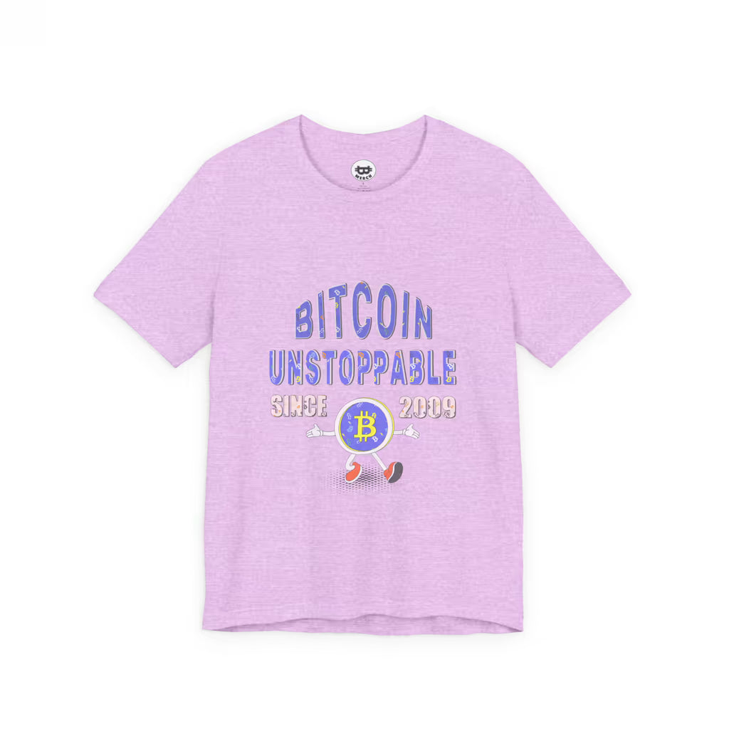 Flat lay of the heather prism lilac Bitcoin Unstoppable Since 2009 t-shirt. A Bella Canvas 3001 staple for true believers.