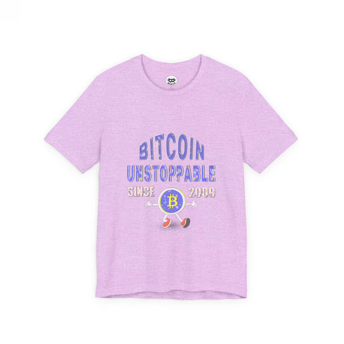 Flat lay of the heather prism lilac Bitcoin Unstoppable Since 2009 t-shirt. A Bella Canvas 3001 staple for true believers.