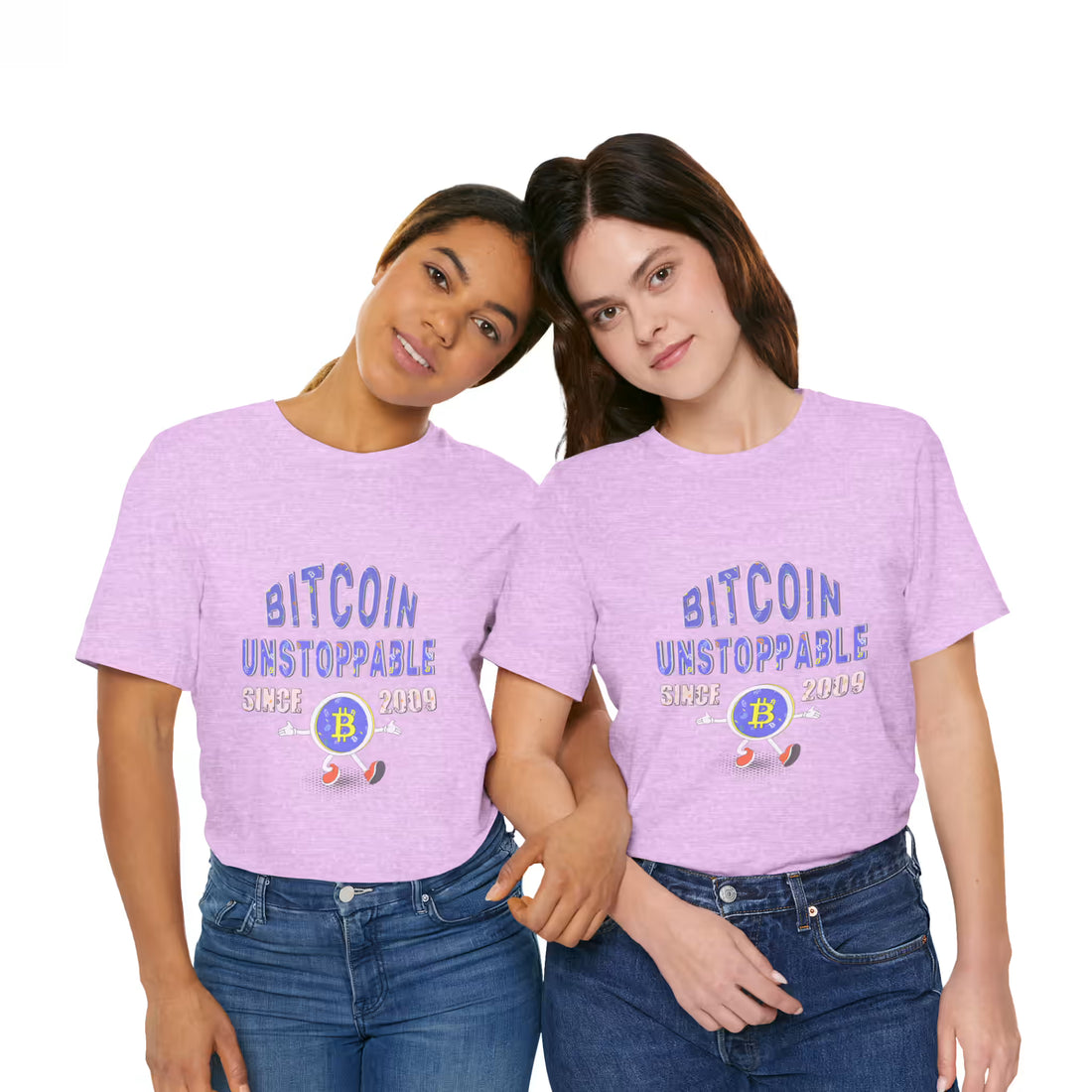 Front view of two models in heather prism lilac Bitcoin Unstoppable Since 2009 t-shirts. Securing the network together.