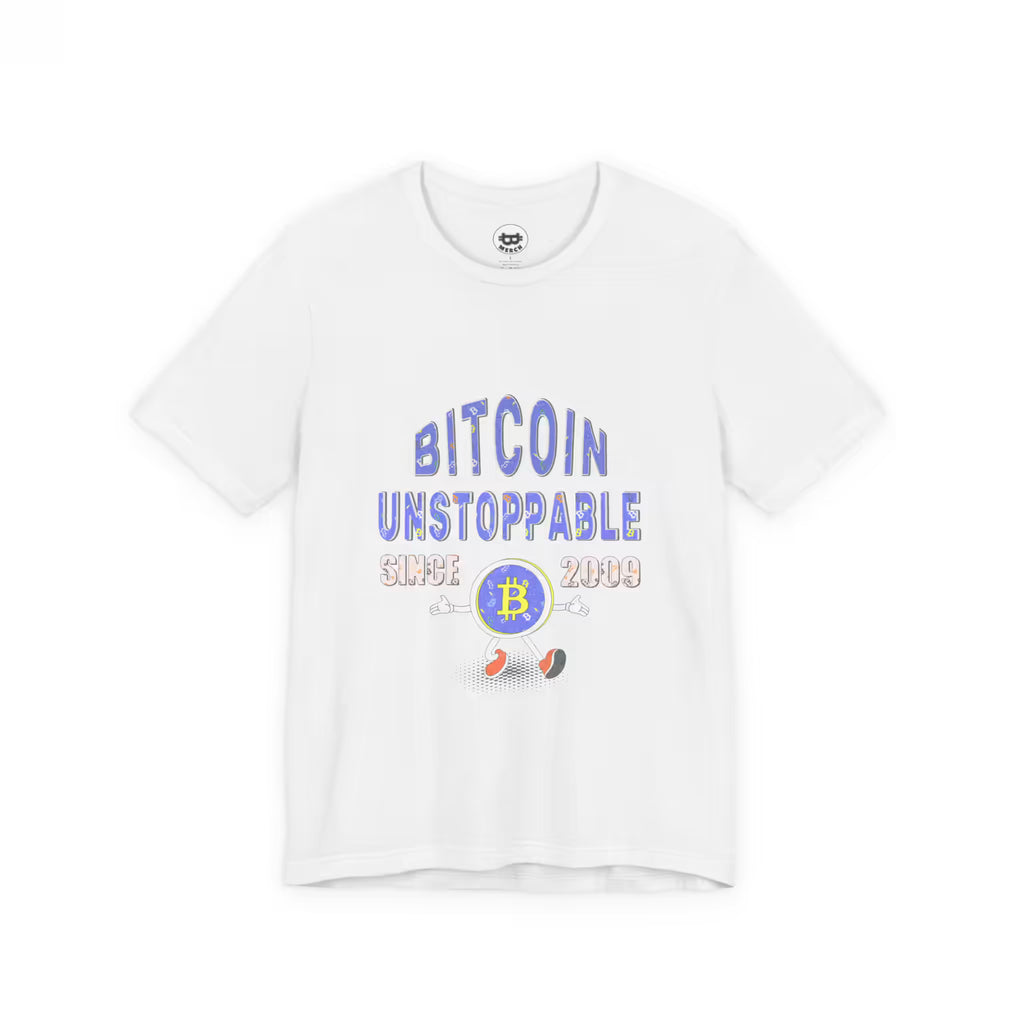 Flat lay of the solid white blend Bitcoin Unstoppable Since 2009 t-shirt, featuring the soft Bella Canvas 3001 material.