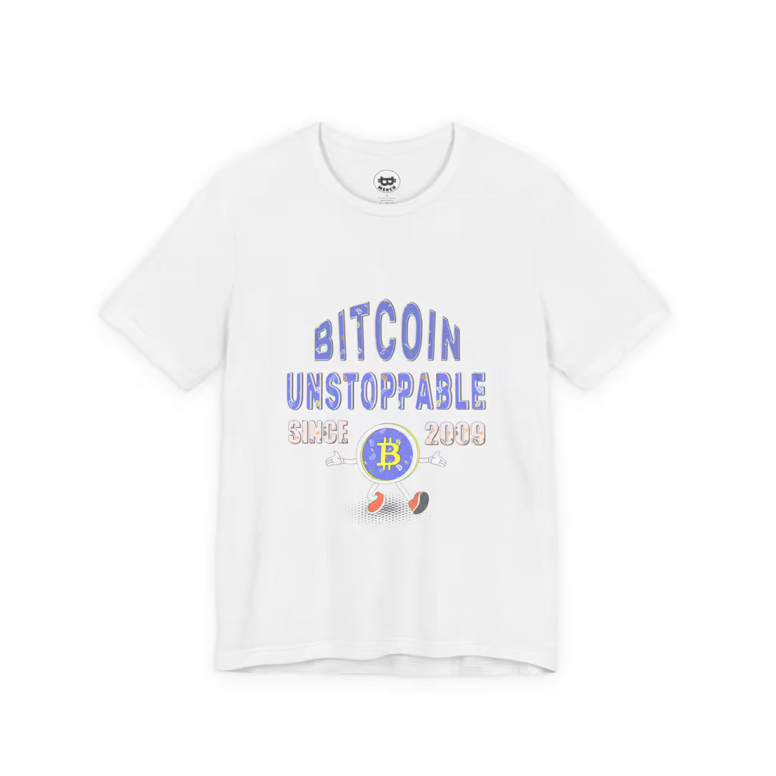 Flat lay of the solid white blend Bitcoin Unstoppable Since 2009 t-shirt, featuring the soft Bella Canvas 3001 material.