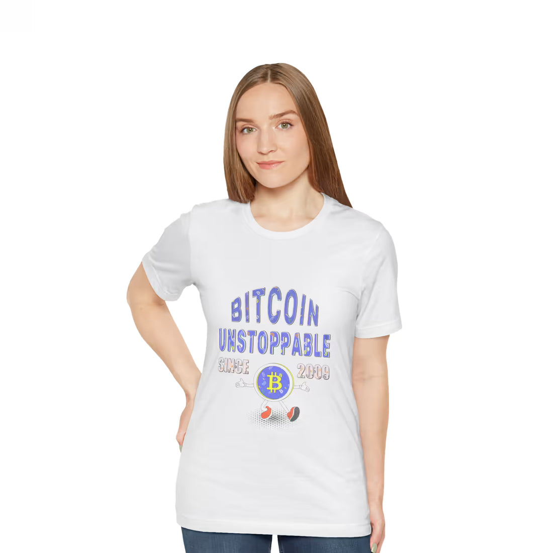 Front view of a model wearing the solid white blend Bitcoin Unstoppable Since 2009 t-shirt, promoting network uptime.