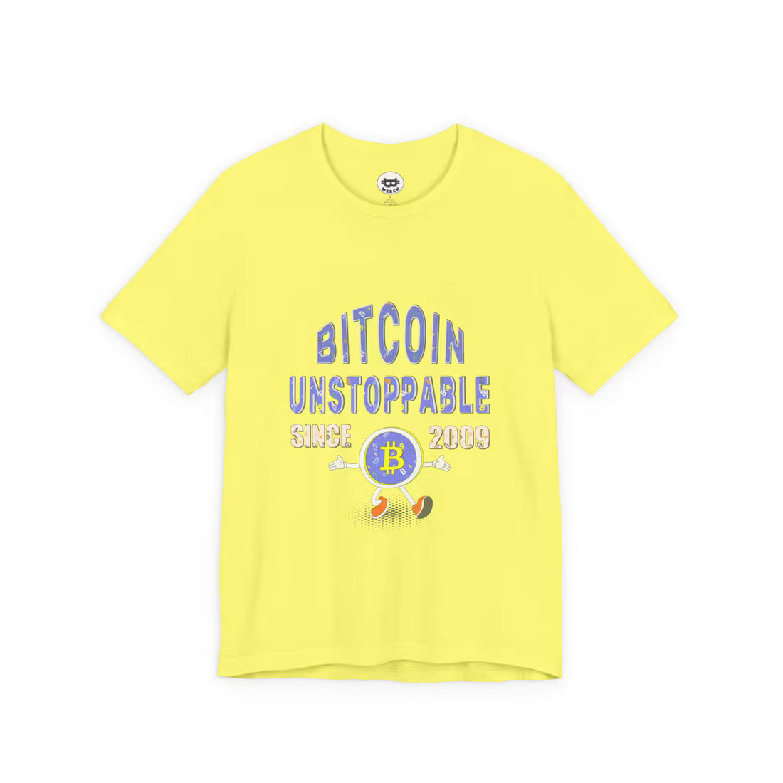 Flat front view of the yellow Bitcoin Unstoppable Since 2009 t-shirt, highlighting the Bella Canvas 3001 build for OGs.
