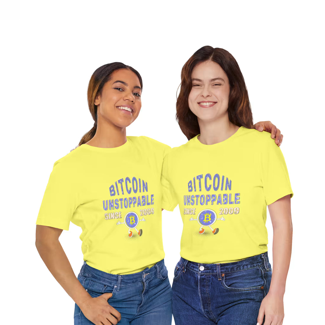 Front view of a model in the yellow Bitcoin Unstoppable Since 2009 t-shirt, educating on censorship resistance.