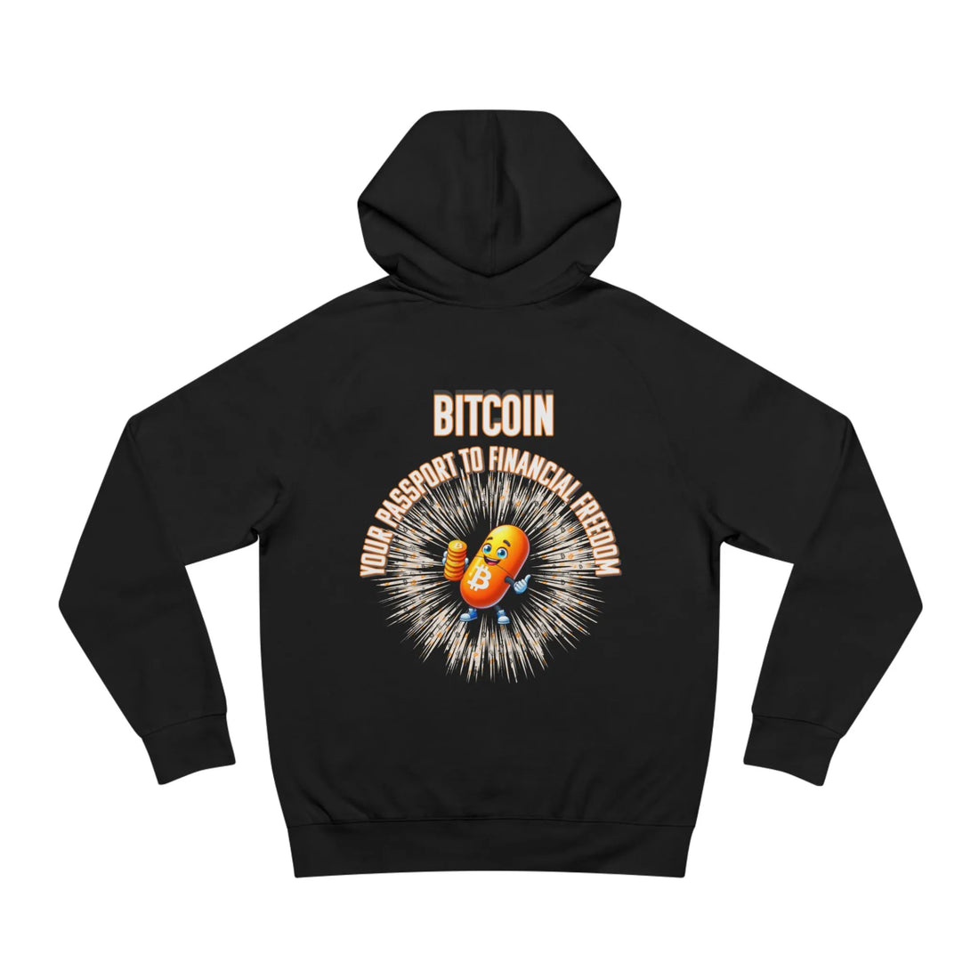 Bitcoin Your Passport to Financial Freedom Unisex Hoodie - Black - AS Colour 5101 Flat Rear Design - Bitcoin Apparel