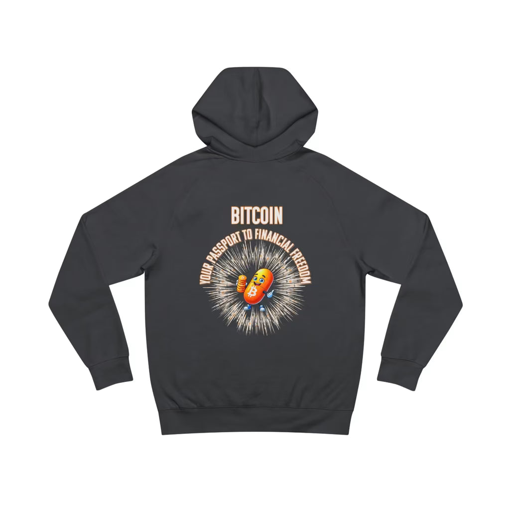 Back view of coal Bitcoin Your Passport to Financial Freedom Hoodie featuring the Bitcoin slogan, orange mascot, and radiating graphic.