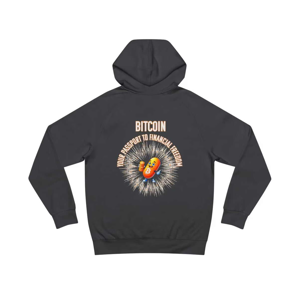 Back view of coal Bitcoin Your Passport to Financial Freedom Hoodie featuring the Bitcoin slogan, orange mascot, and radiating graphic.