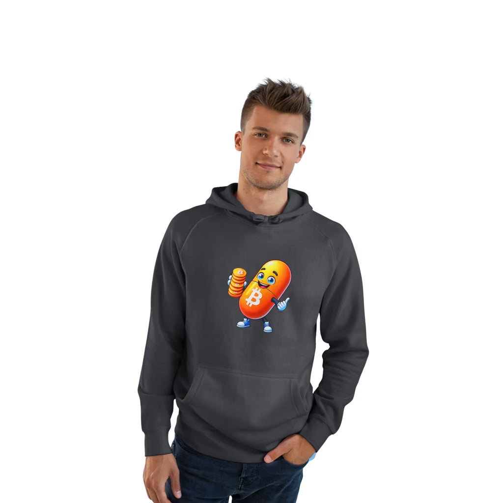 Man wearing a coal Bitcoin Your Passport to Financial Freedom Hoodie with an orange Bitcoin capsule mascot holding a stack of coins.