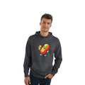 Man wearing a coal Bitcoin Your Passport to Financial Freedom Hoodie with an orange Bitcoin capsule mascot holding a stack of coins.