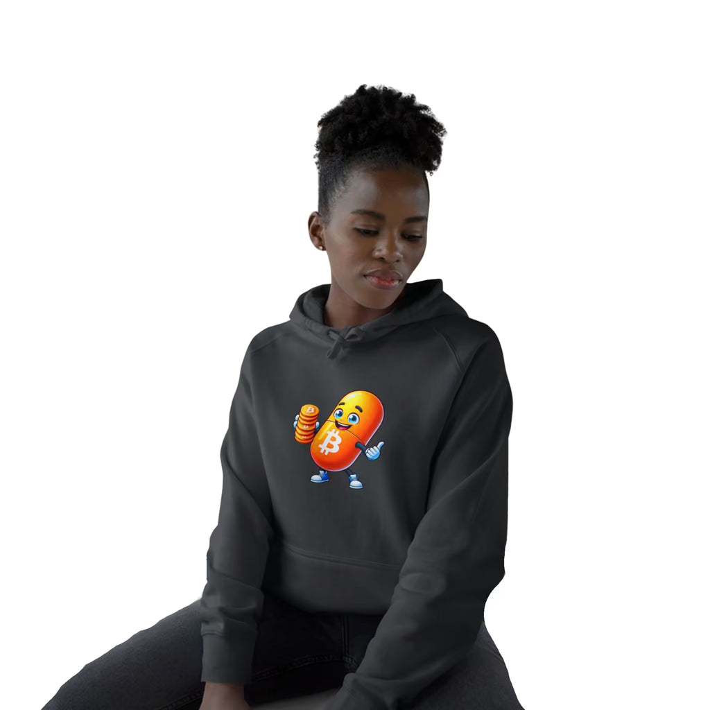 Woman wearing a coal Bitcoin Your Passport to Financial Freedom Hoodie featuring an orange Bitcoin capsule mascot holding coins.