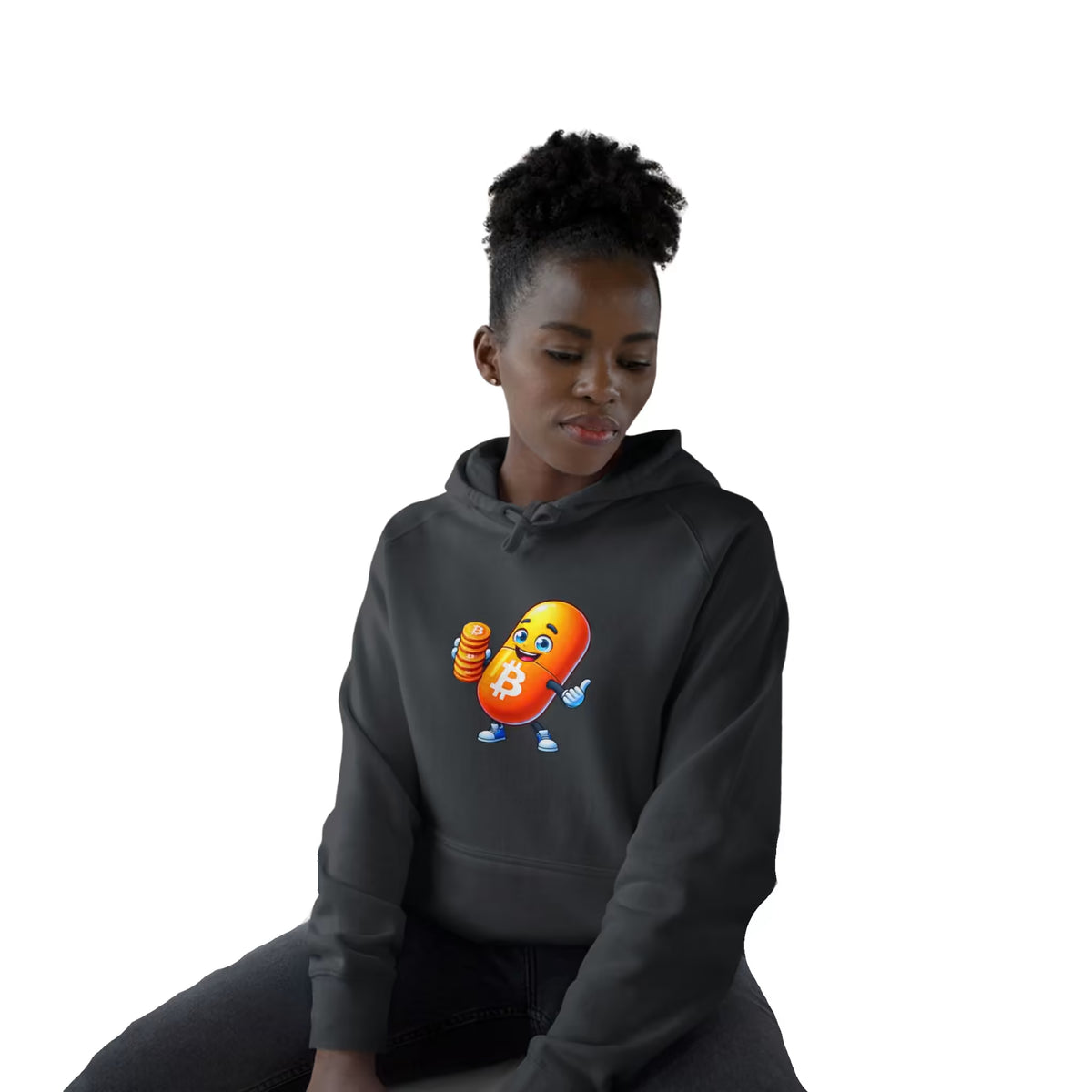 Woman wearing a coal Bitcoin Your Passport to Financial Freedom Hoodie featuring an orange Bitcoin capsule mascot holding coins.