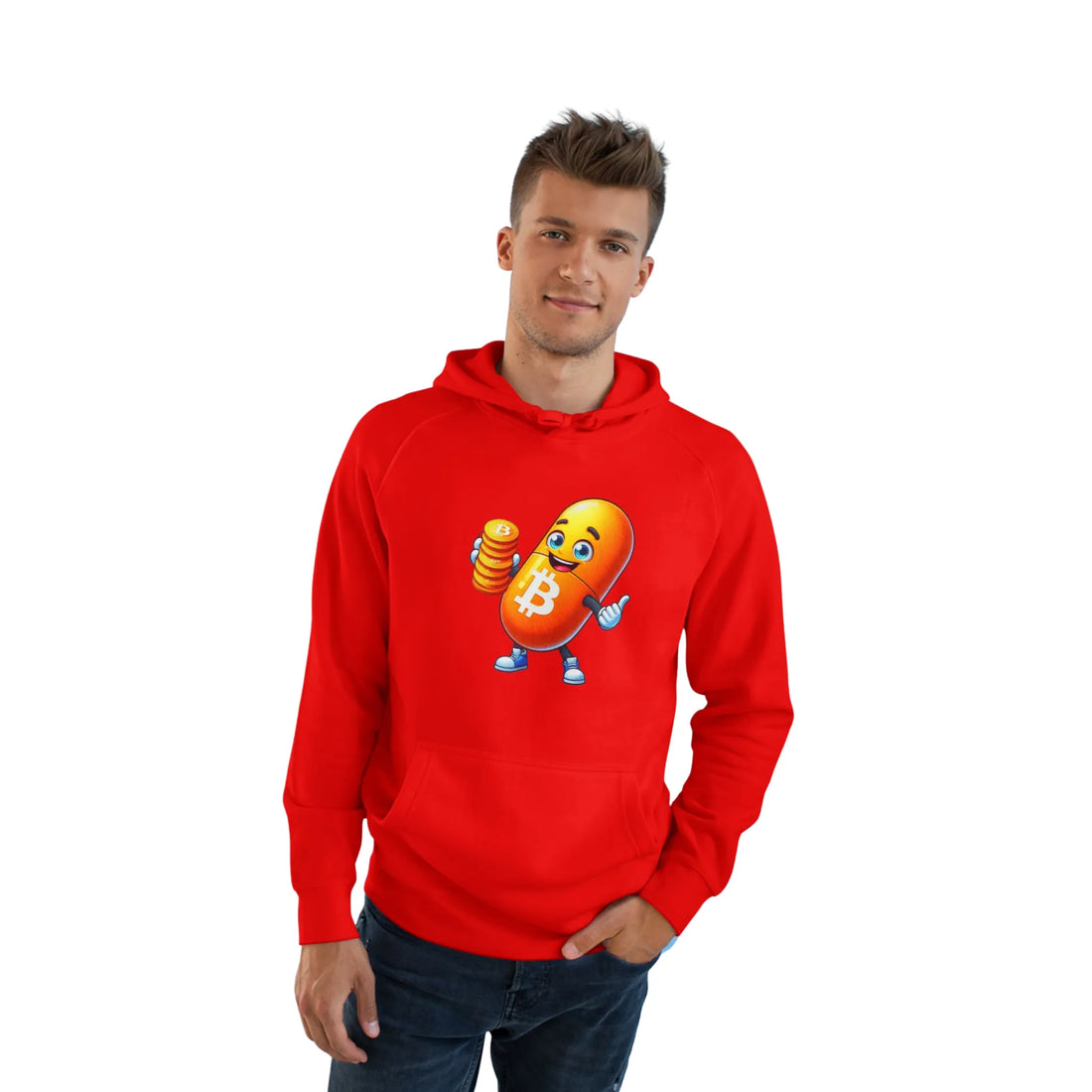 Bitcoin Your Passport to Financial Freedom Unisex Hoodie - Red - AS Colour 5101 Model Front View - Bitcoin Merch