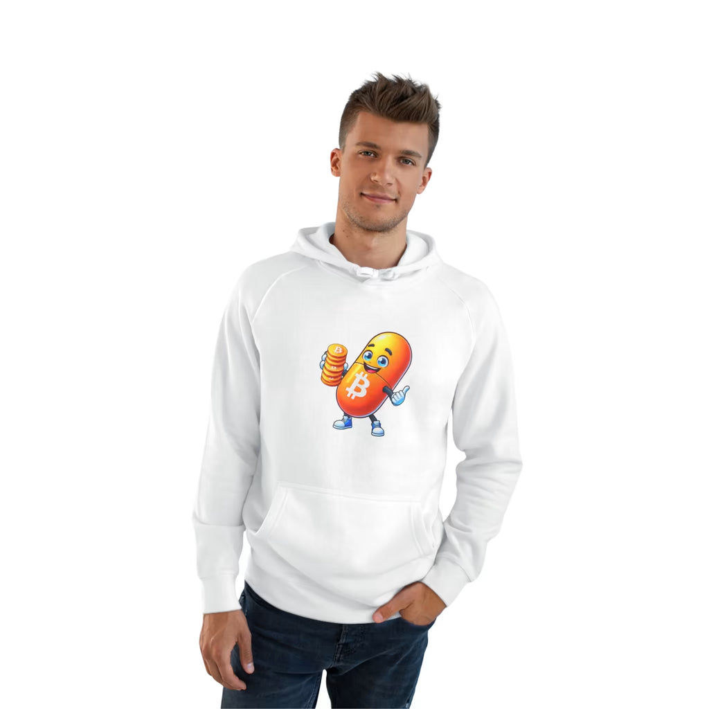 Man wearing a white Bitcoin Your Passport to Financial Freedom Hoodie with an orange Bitcoin capsule mascot holding a stack of coins.