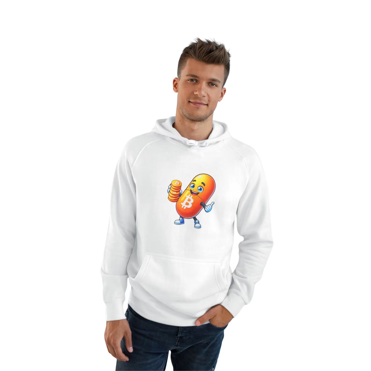 Man wearing a white Bitcoin Your Passport to Financial Freedom Hoodie with an orange Bitcoin capsule mascot holding a stack of coins.