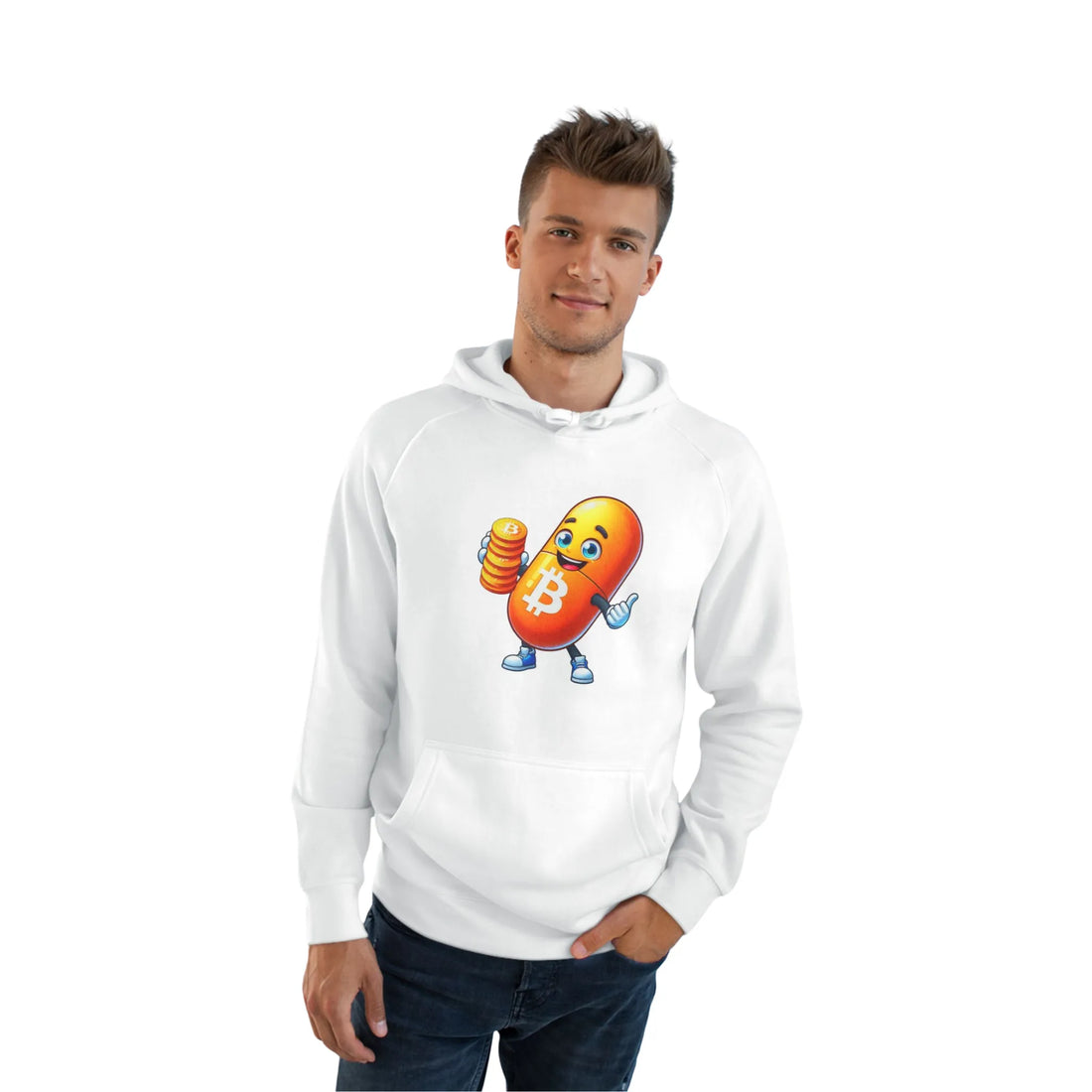 Bitcoin Your Passport to Financial Freedom Unisex Hoodie - White - AS Colour 5101 Model Front View - Bitcoin Apparel