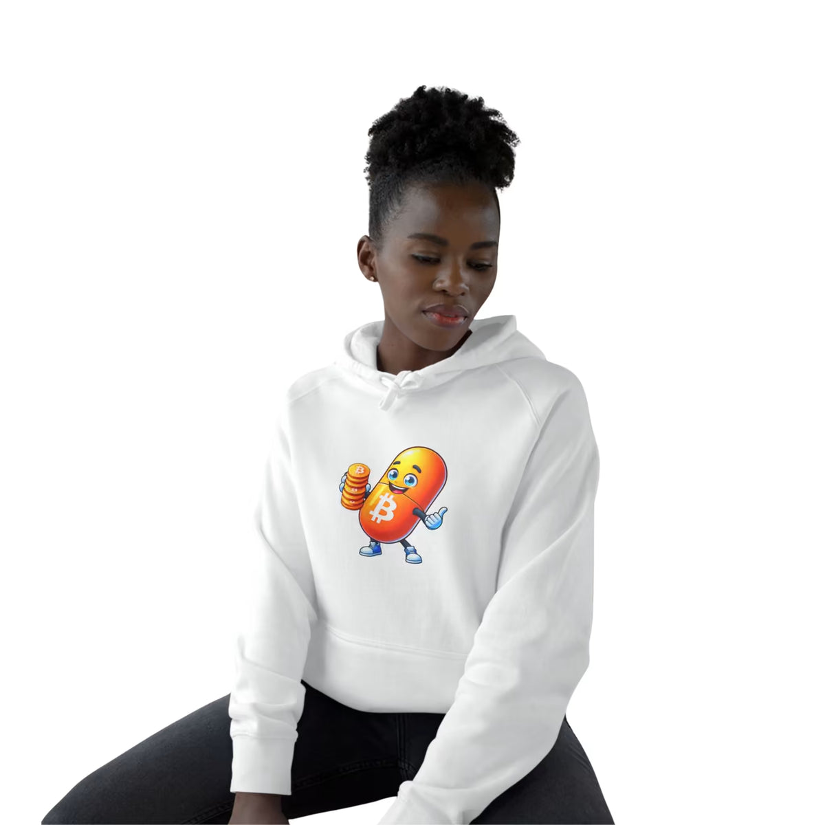 Woman wearing a white Bitcoin Your Passport to Financial Freedom Hoodie featuring an orange Bitcoin capsule mascot holding coins.