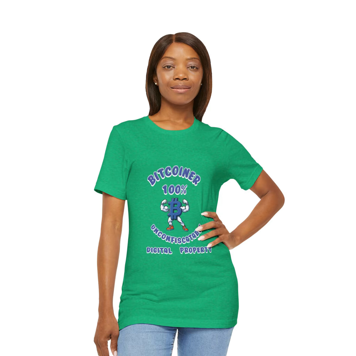 Model wearing a Heather Kelly T-Shirt with a muscular Bitcoin character and Bitcoiner 100% Unconfiscatable Digital Property artwork on the front.