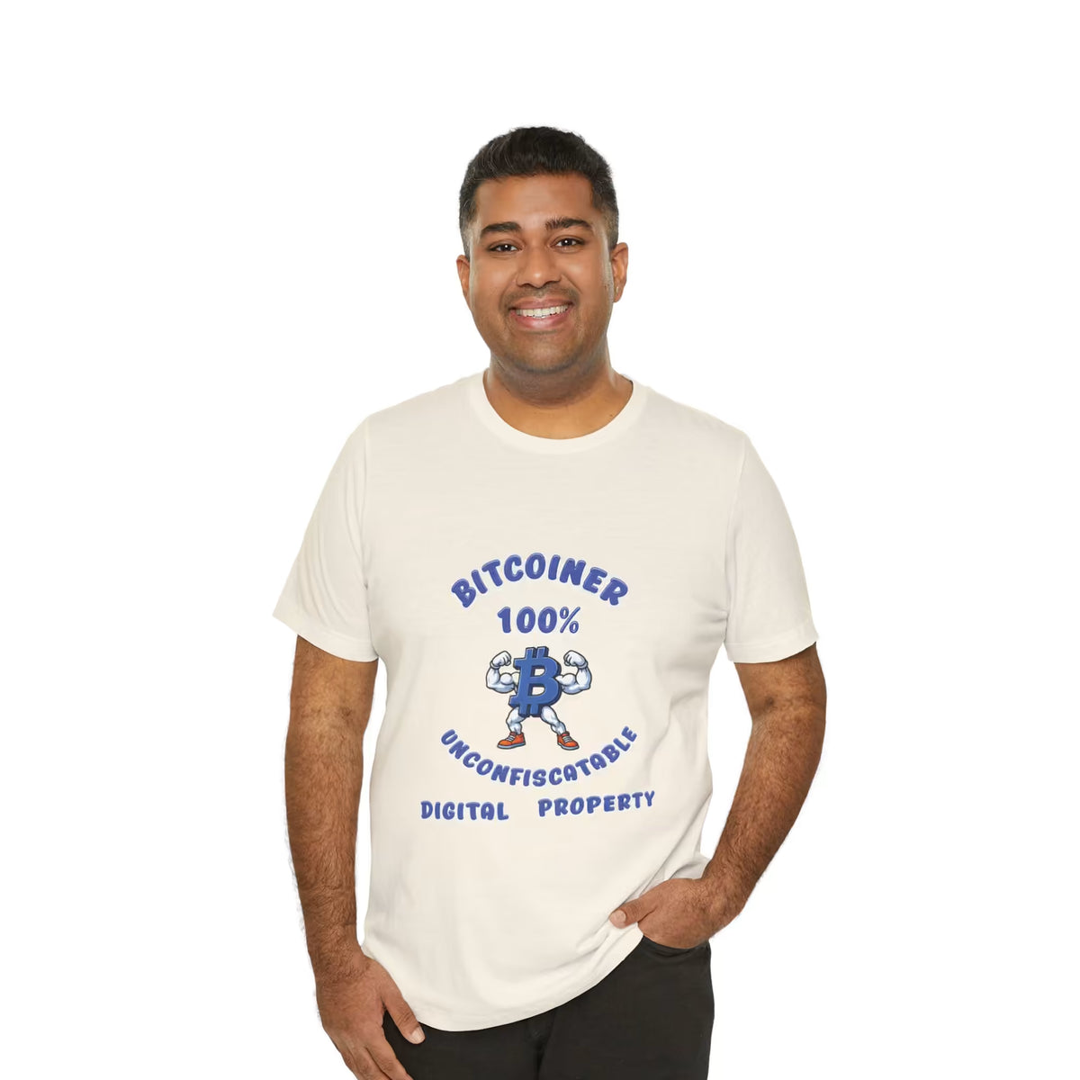 Model wearing a Natural T-Shirt featuring a blue Bitcoin character with flexed arms and Unconfiscatable Digital Property lettering.
