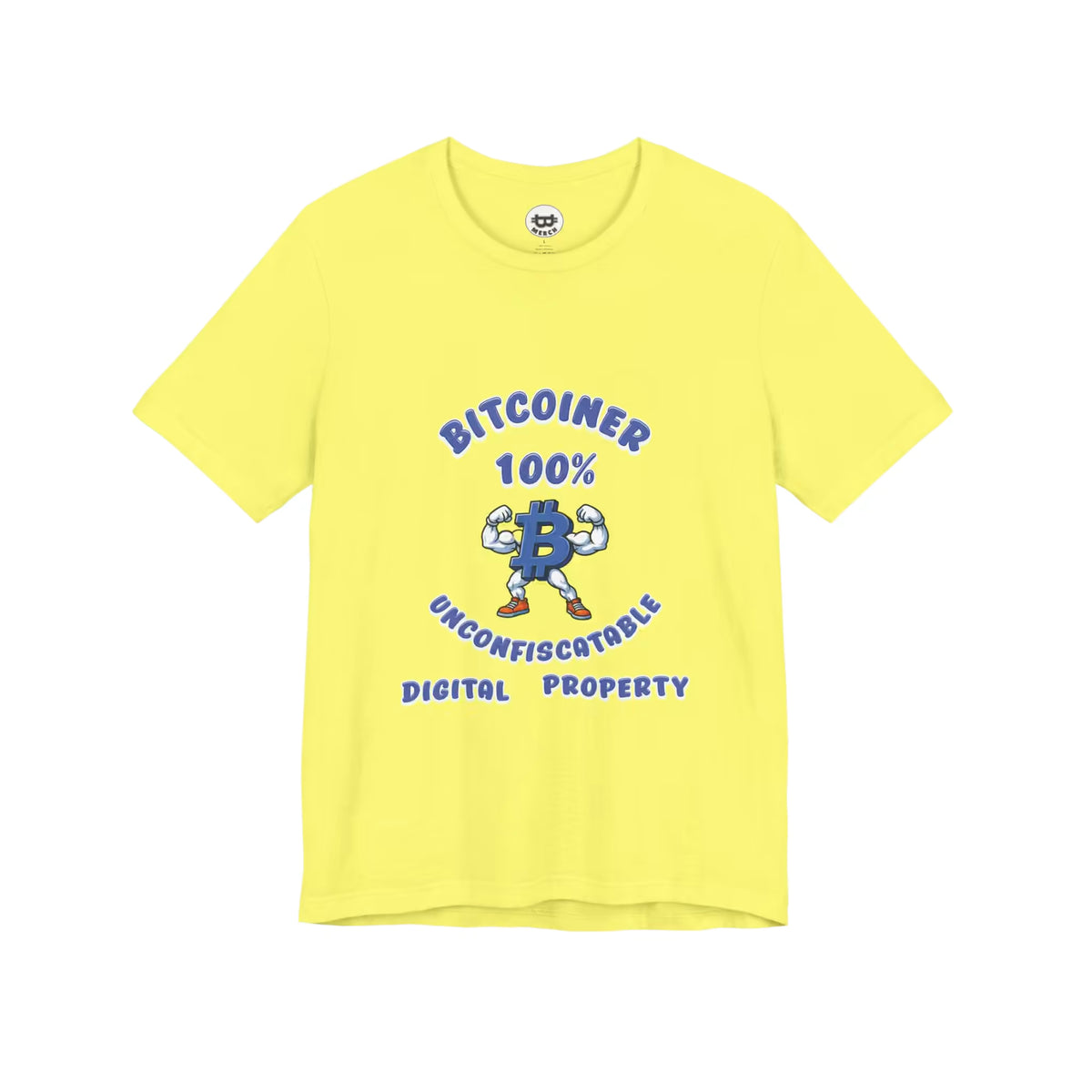 Flat front view of a Yellow T-Shirt with Bitcoiner 100% lettering, a muscular blue Bitcoin character, and Unconfiscatable Digital Property text.