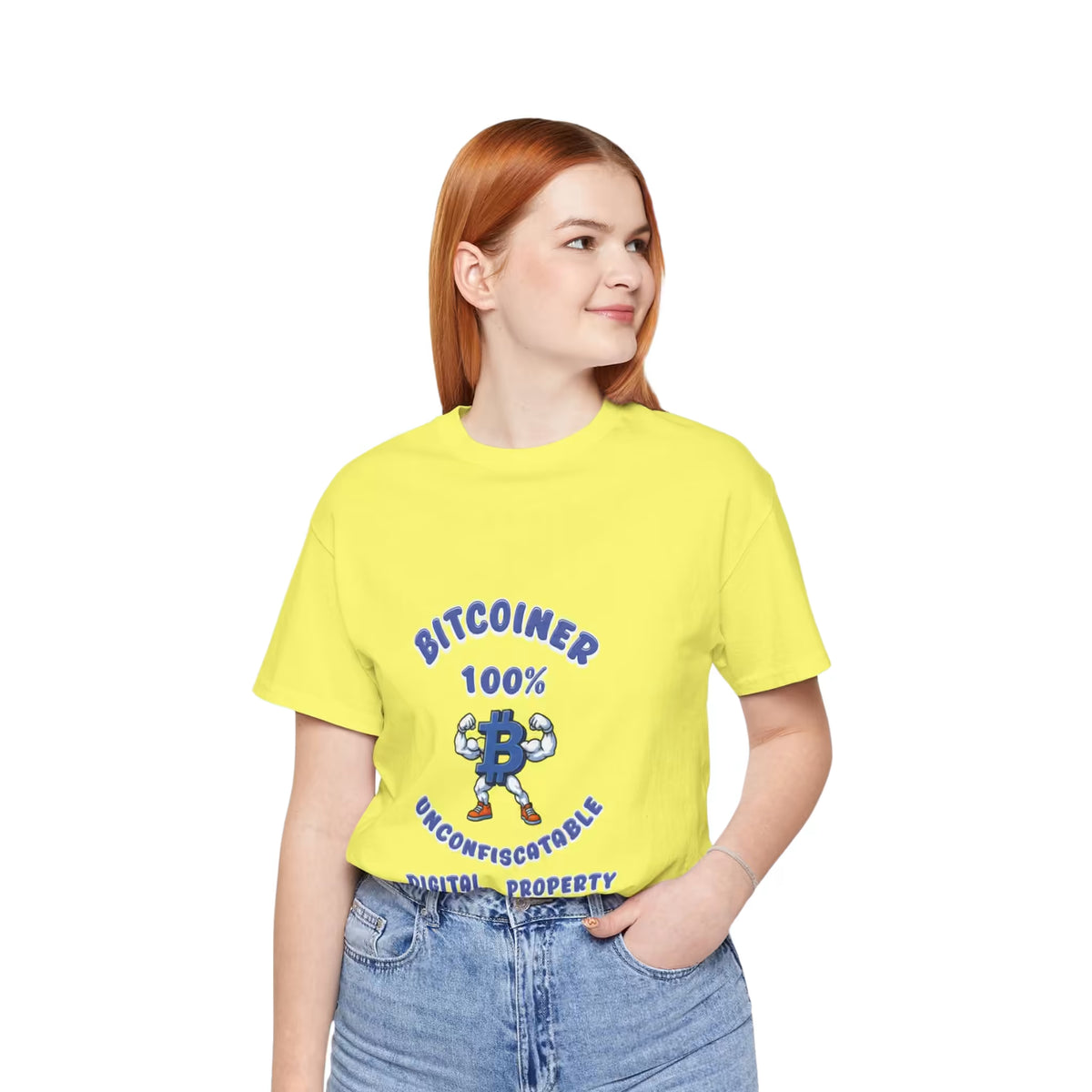 Model wearing a Yellow T-Shirt with a blue Bitcoin character, Bitcoiner 100% lettering, and Unconfiscatable Digital Property artwork on the front.
