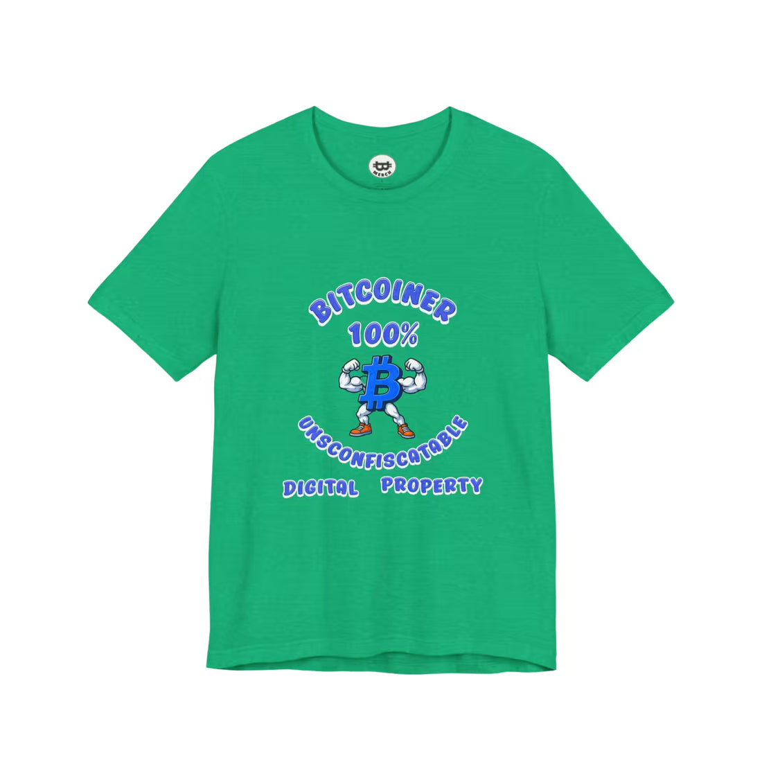 Flat lay of the heather kelly Bitcoiner 100% t-shirt, highlighting the premium Bella Canvas 3001 fabric.