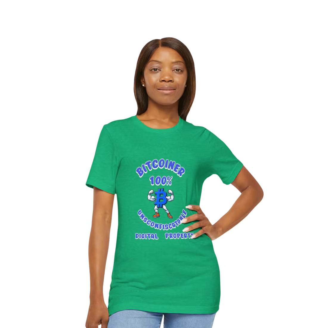 Front view of a model in the heather kelly Bitcoiner 100% t-shirt, securing unconfiscatable digital property.