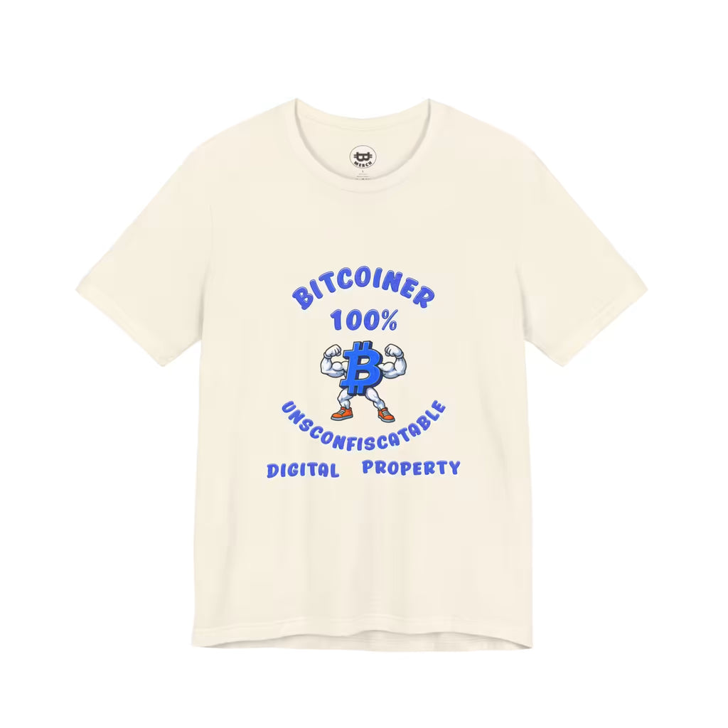 Flat lay of the natural Bitcoiner 100% t-shirt, showing the soft Bella Canvas 3001 material for everyday maximalists.