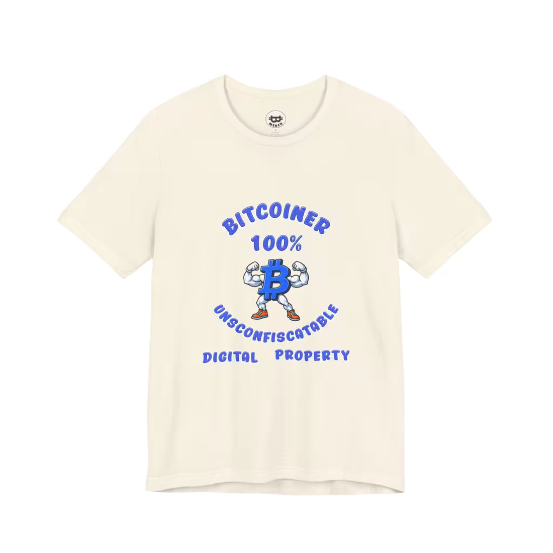 Flat lay of the natural Bitcoiner 100% t-shirt, showing the soft Bella Canvas 3001 material for everyday maximalists.