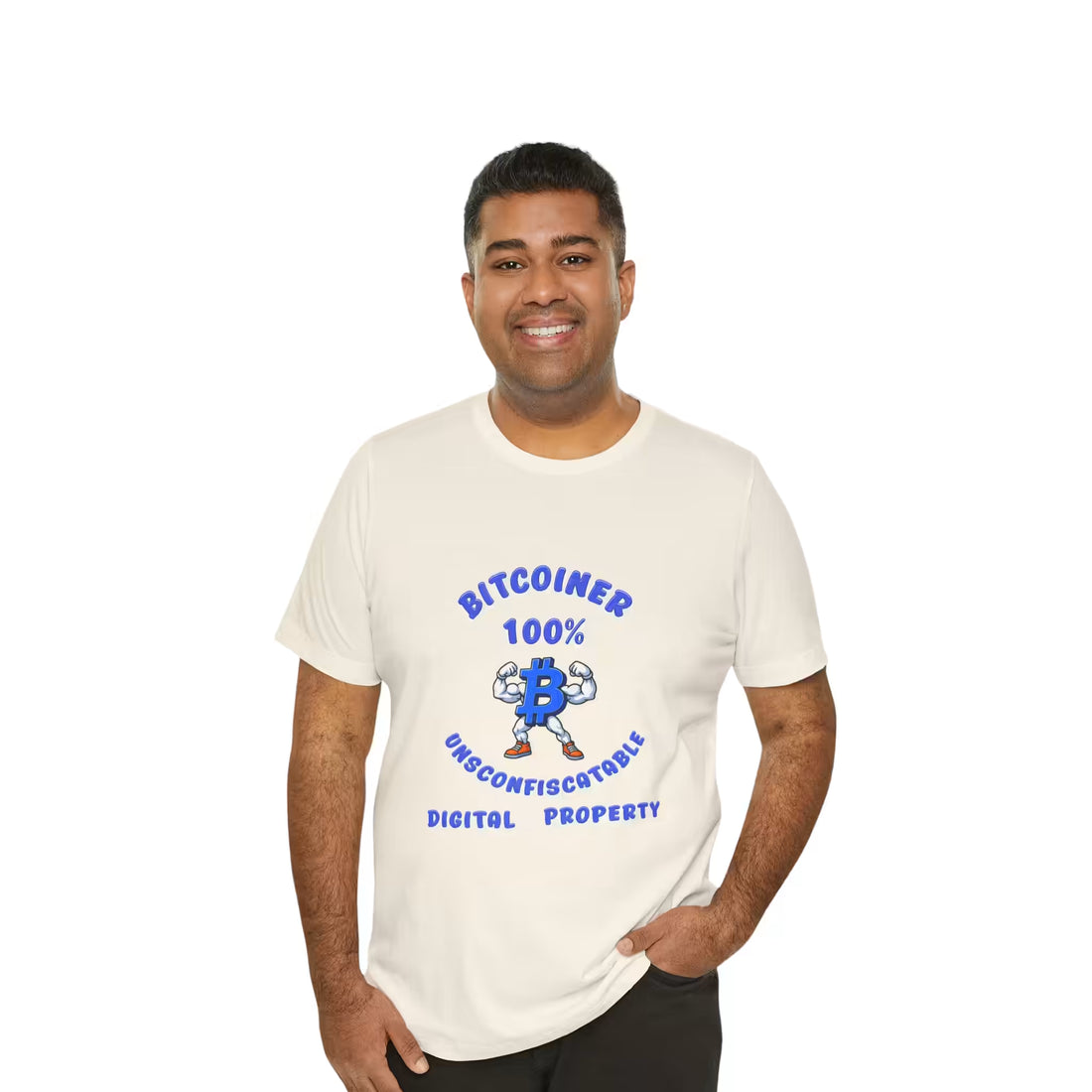 Front view of a model in the natural Bitcoiner 100% t-shirt, protecting wealth with borderless digital property.