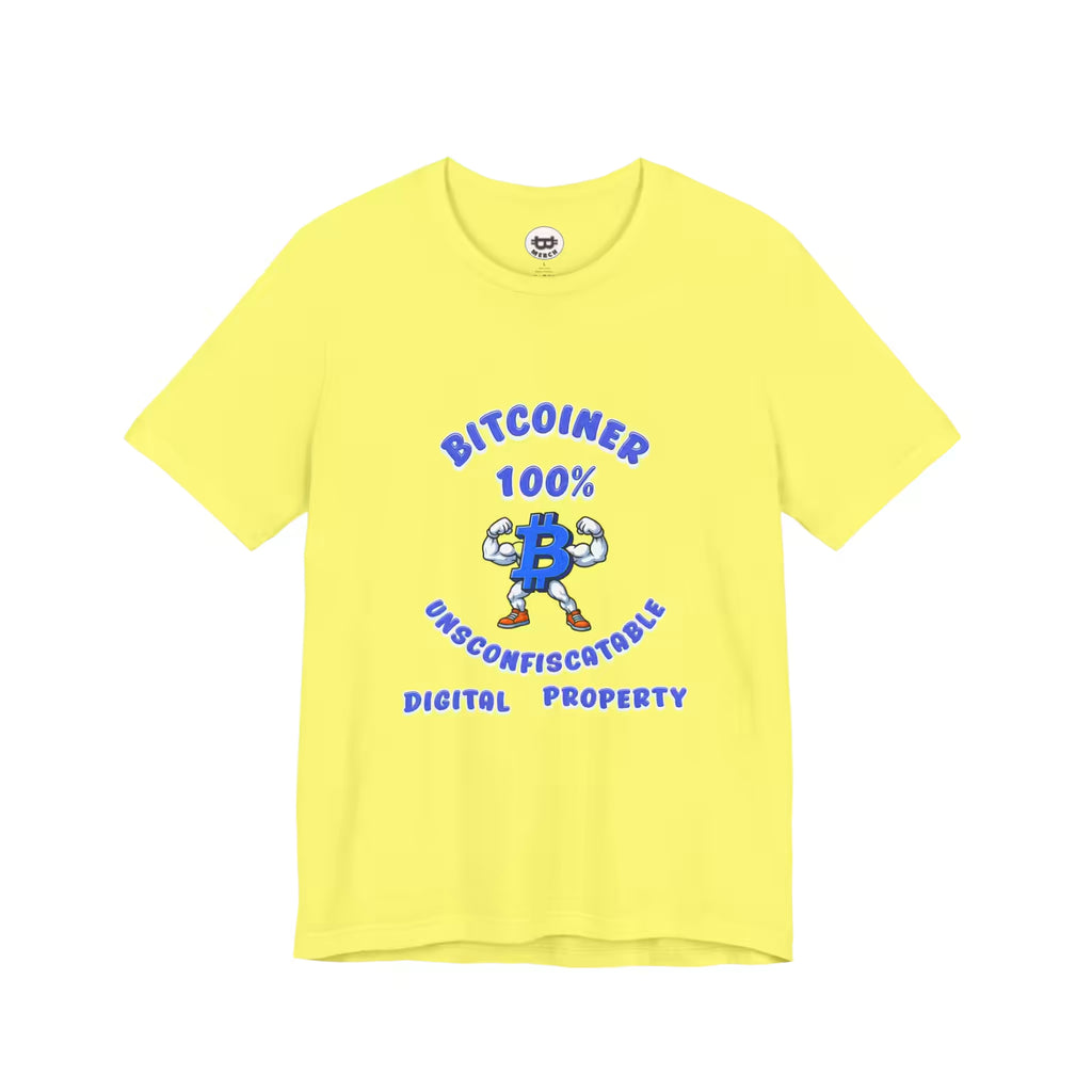 Flat lay view of the yellow Bitcoiner 100% t-shirt, a durable Bella Canvas 3001 staple for true node runners.