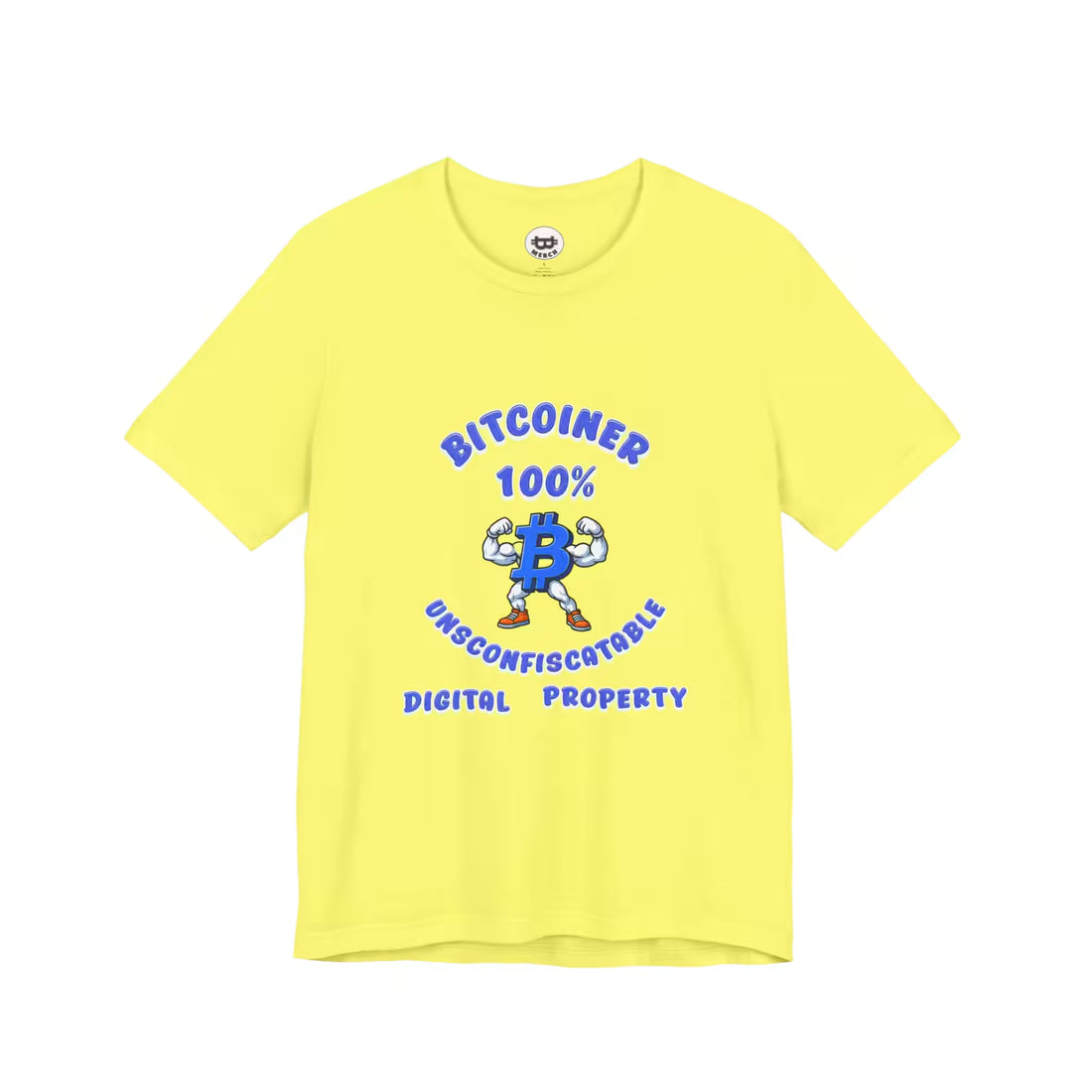 Flat lay view of the yellow Bitcoiner 100% t-shirt, a durable Bella Canvas 3001 staple for true node runners.