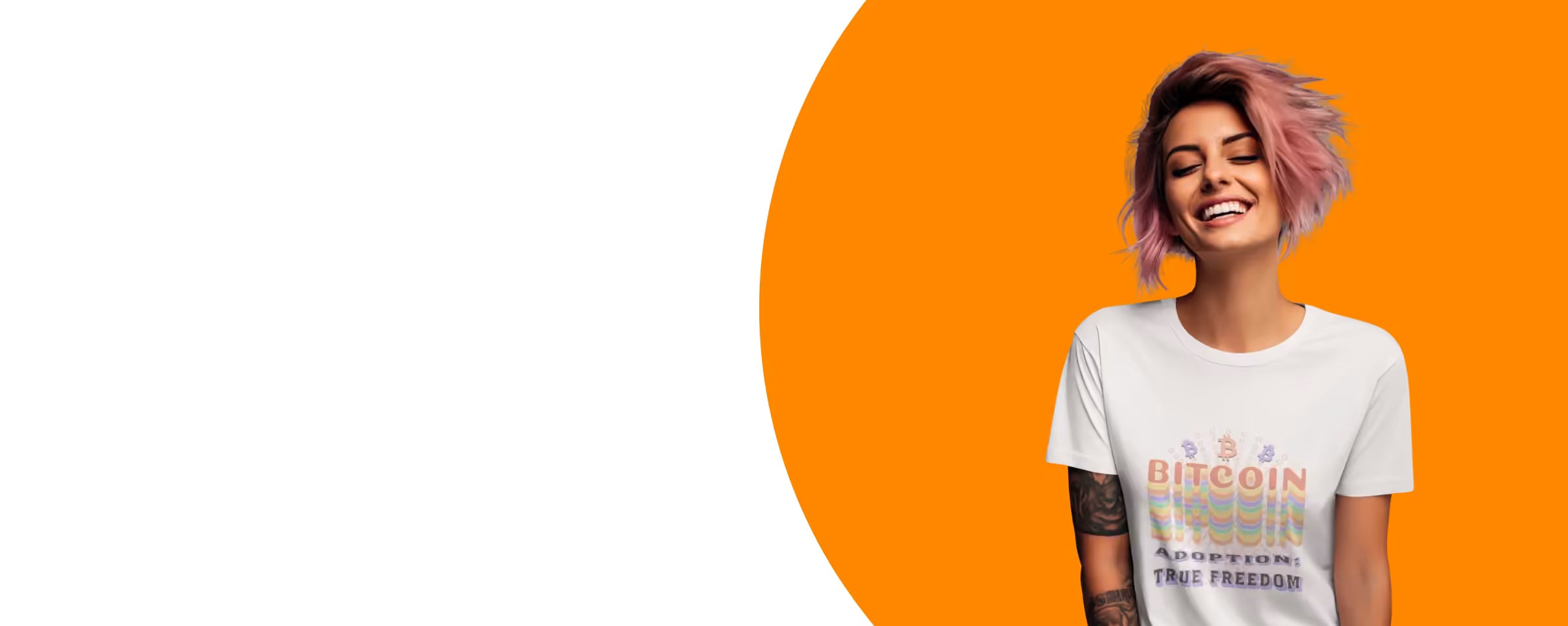 Smiling woman wearing the white Bitcoin Adoption True Freedom women’s tee against an orange-and-white background.