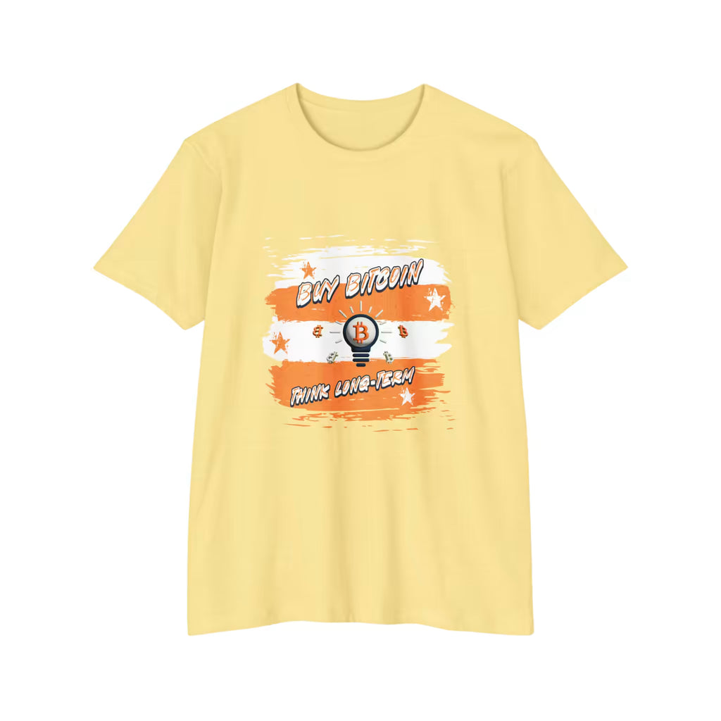 Flat lay of the cvc banana cream Buy Bitcoin Think Long Term t-shirt, highlighting the soft Next Level 6210 fabric.