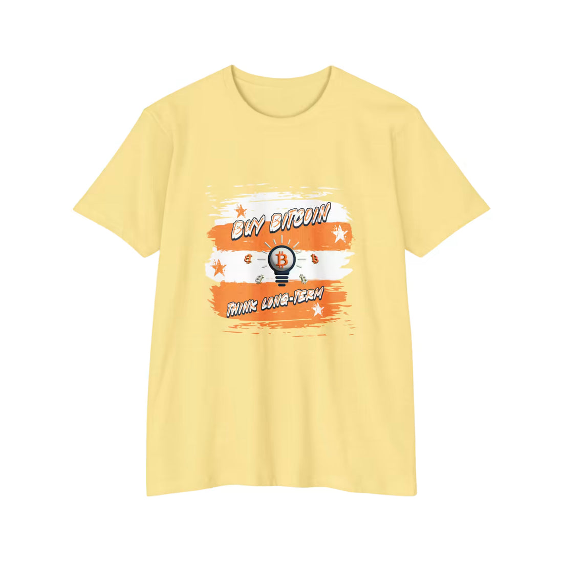 Flat lay of the cvc banana cream Buy Bitcoin Think Long Term t-shirt, highlighting the soft Next Level 6210 fabric.