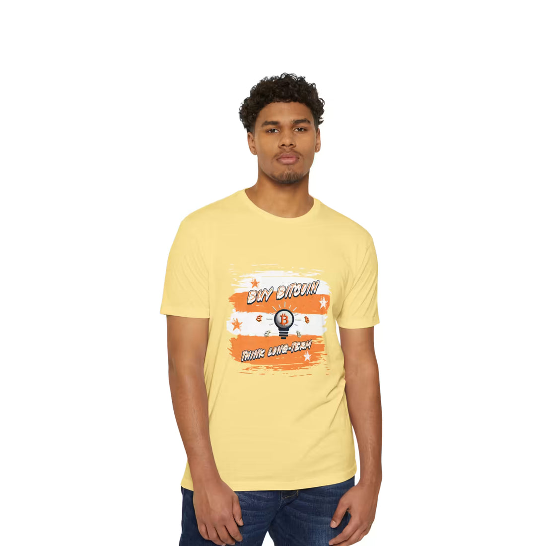 Front view of a model in the cvc banana cream Buy Bitcoin Think Long Term t-shirt, practicing low time preference.