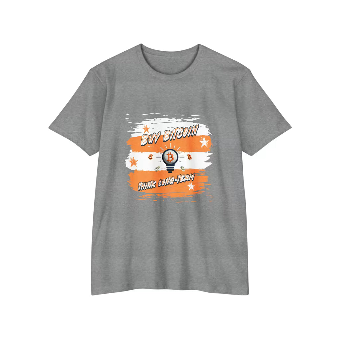 Flat lay of the dark heather grey Buy Bitcoin Think Long Term t-shirt, featuring the durable Next Level 6210 build.