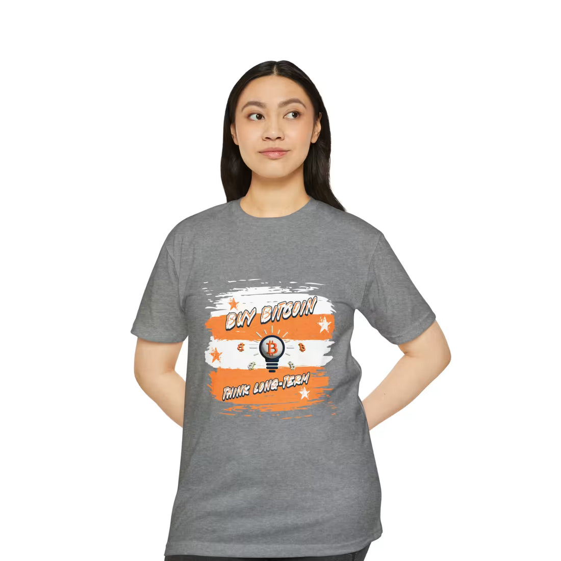 Front view of a model in the dark heather grey Buy Bitcoin Think Long Term t-shirt, opting out of fiat short-termism.
