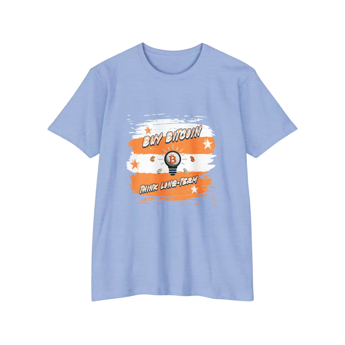 Flat lay of the heather columbia blue Buy Bitcoin Think Long Term t-shirt, a premium Next Level 6210 staple for HODLers.