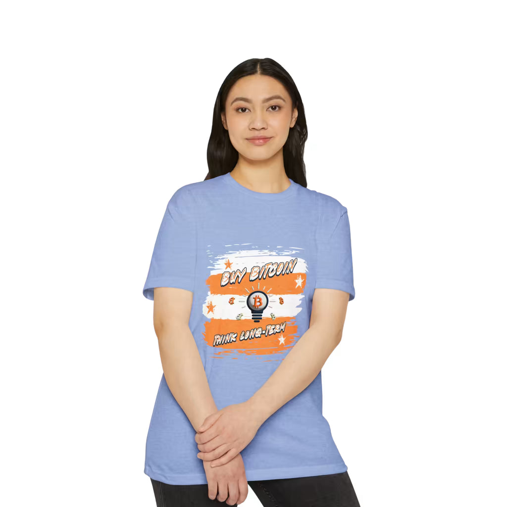 Front view of a model wearing the heather columbia blue Buy Bitcoin Think Long Term t-shirt. Stacking sats for the future.