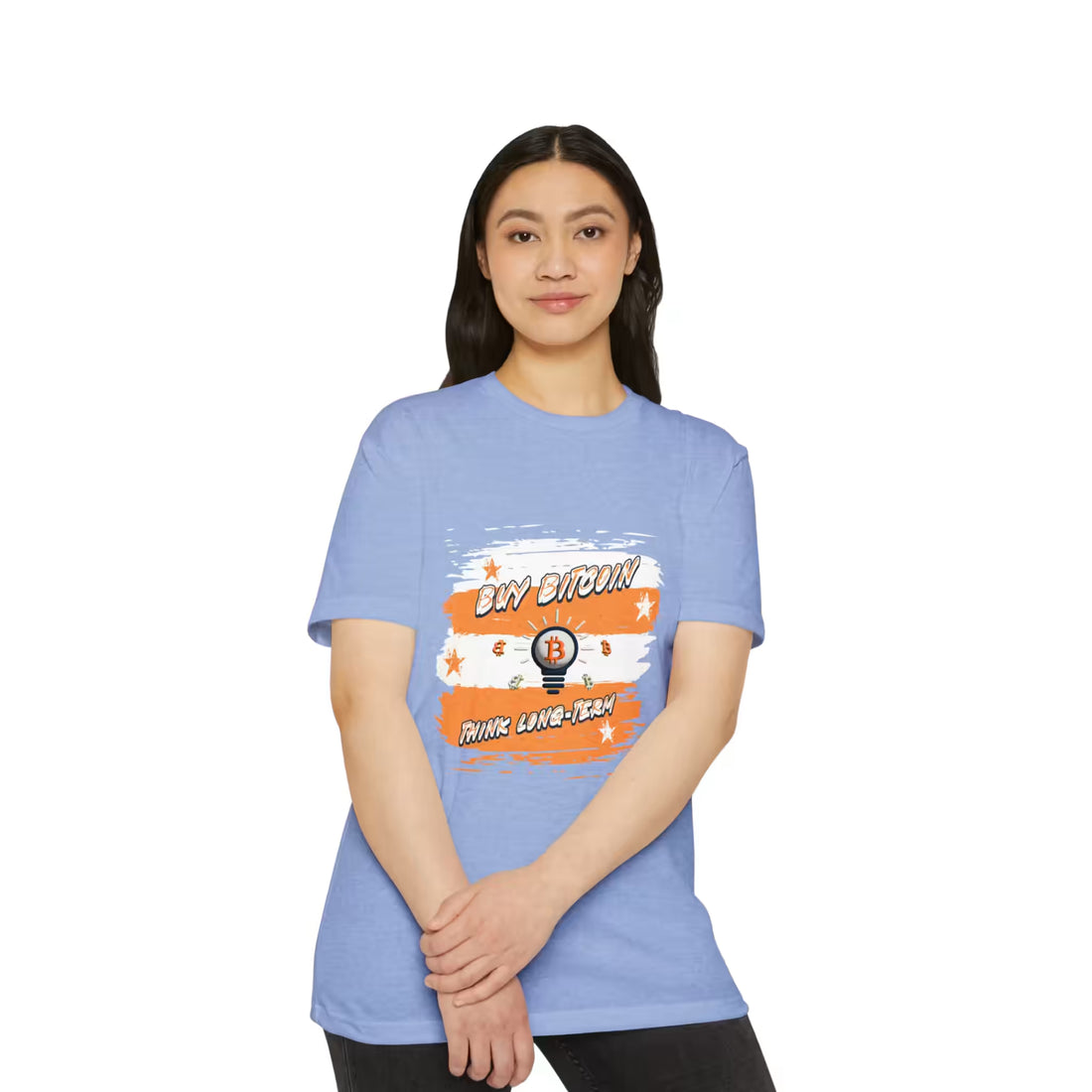 Front view of a model wearing the heather columbia blue Buy Bitcoin Think Long Term t-shirt. Stacking sats for the future.