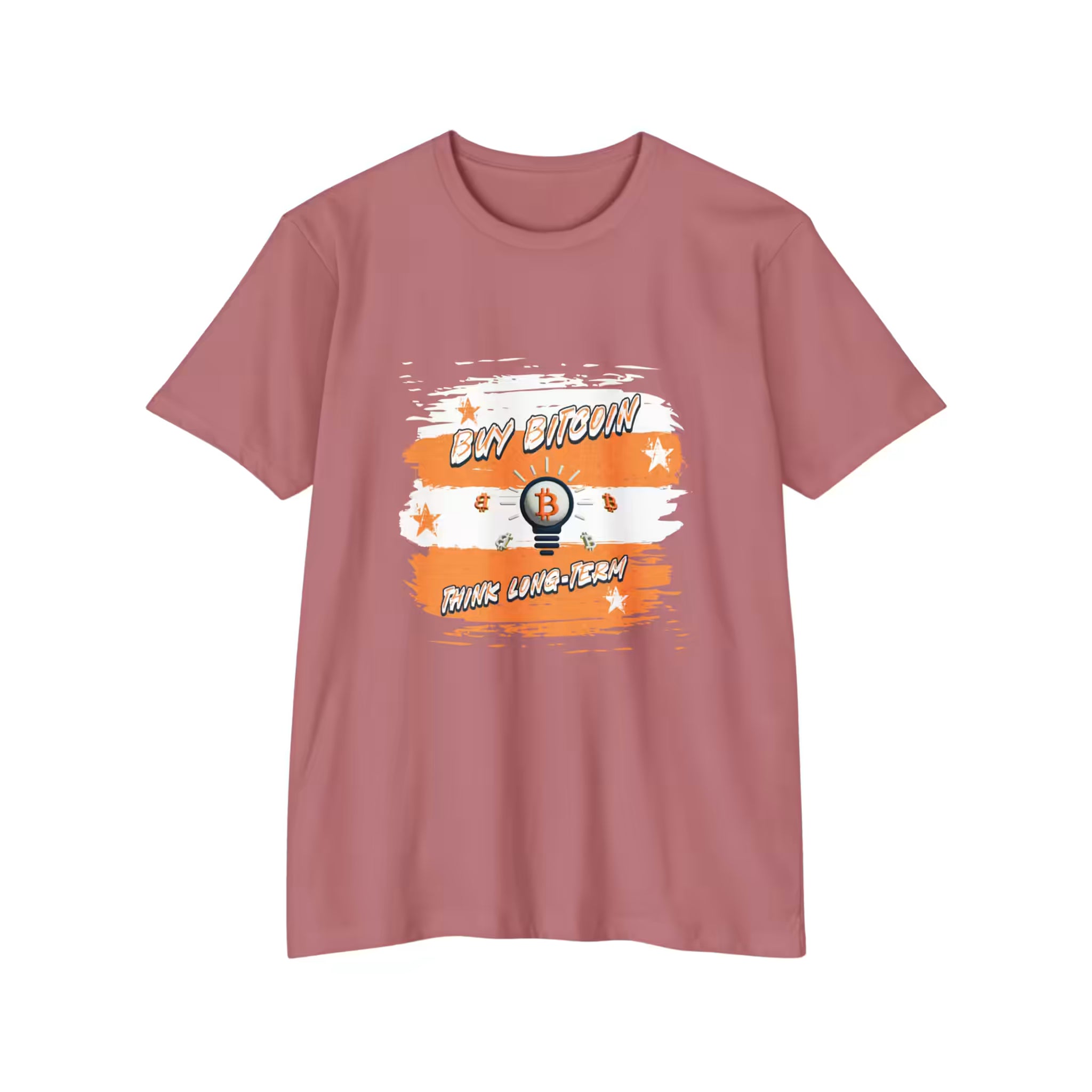 Flat lay view of the heather mauve Buy Bitcoin Think Long Term t-shirt, showing the comfortable Next Level 6210 material.