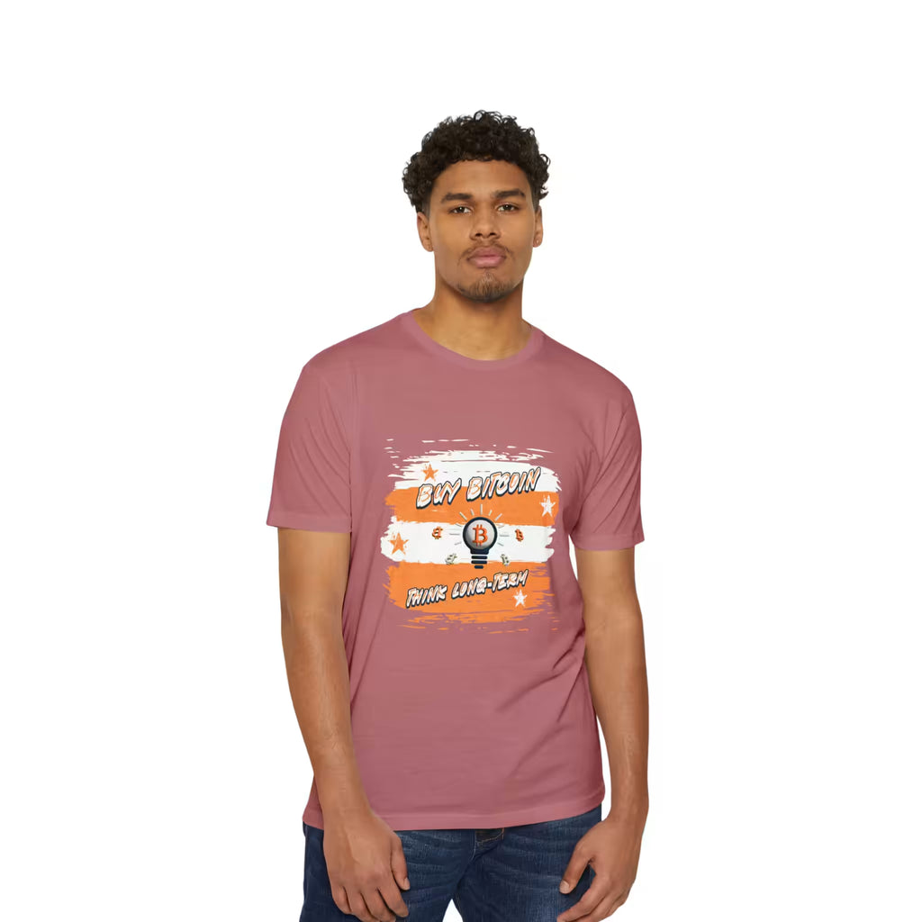 Front view of a model in the heather mauve Buy Bitcoin Think Long Term t-shirt, securing generational wealth.
