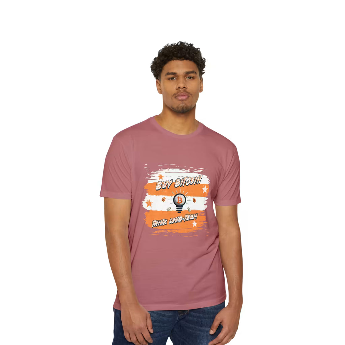 Front view of a model in the heather mauve Buy Bitcoin Think Long Term t-shirt, securing generational wealth.