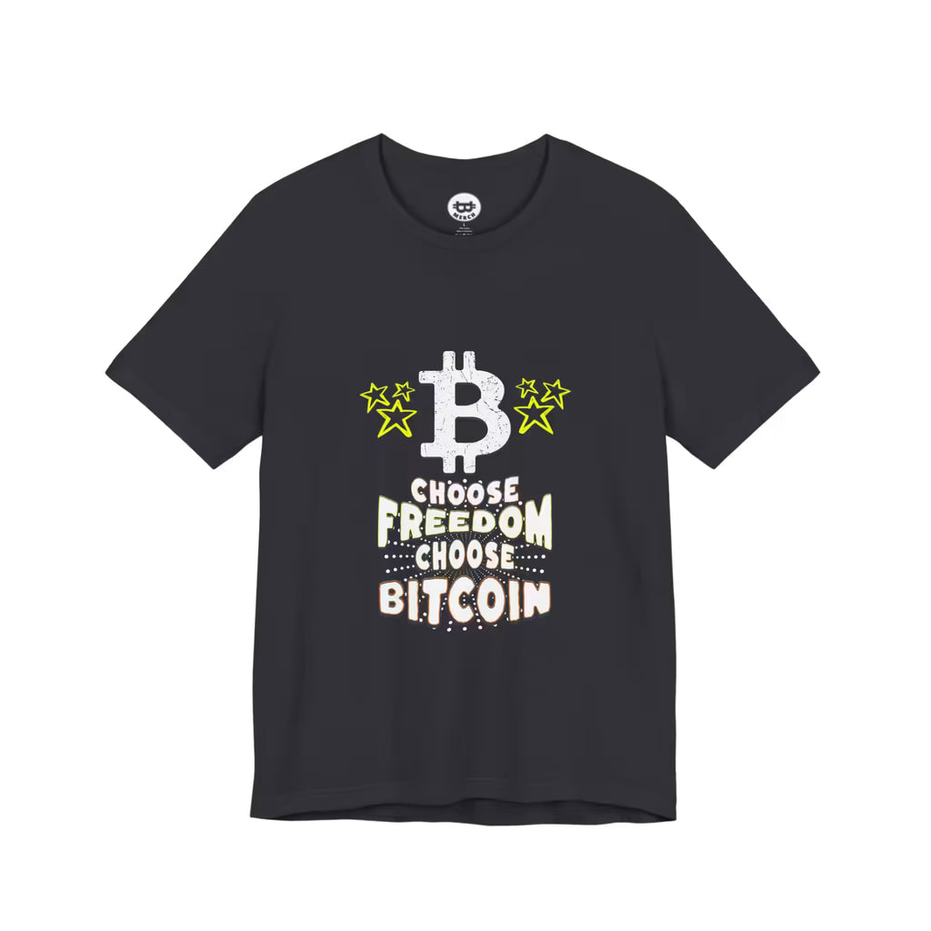 Flat lay of the dark grey Choose Freedom Choose Bitcoin t-shirt, highlighting the premium Bella Canvas 3001 fabric.