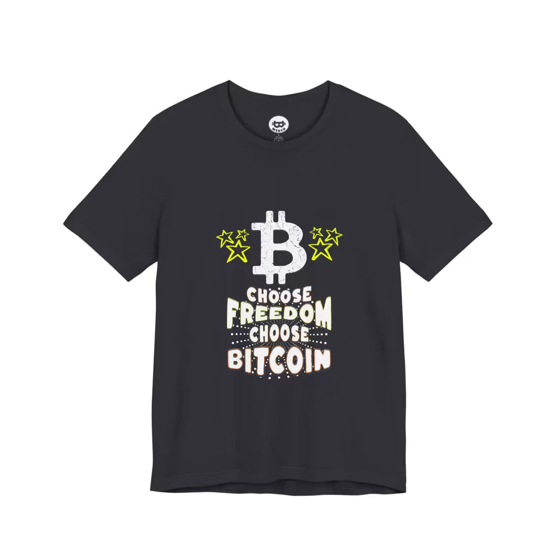 Flat lay of the dark grey Choose Freedom Choose Bitcoin t-shirt, highlighting the premium Bella Canvas 3001 fabric.