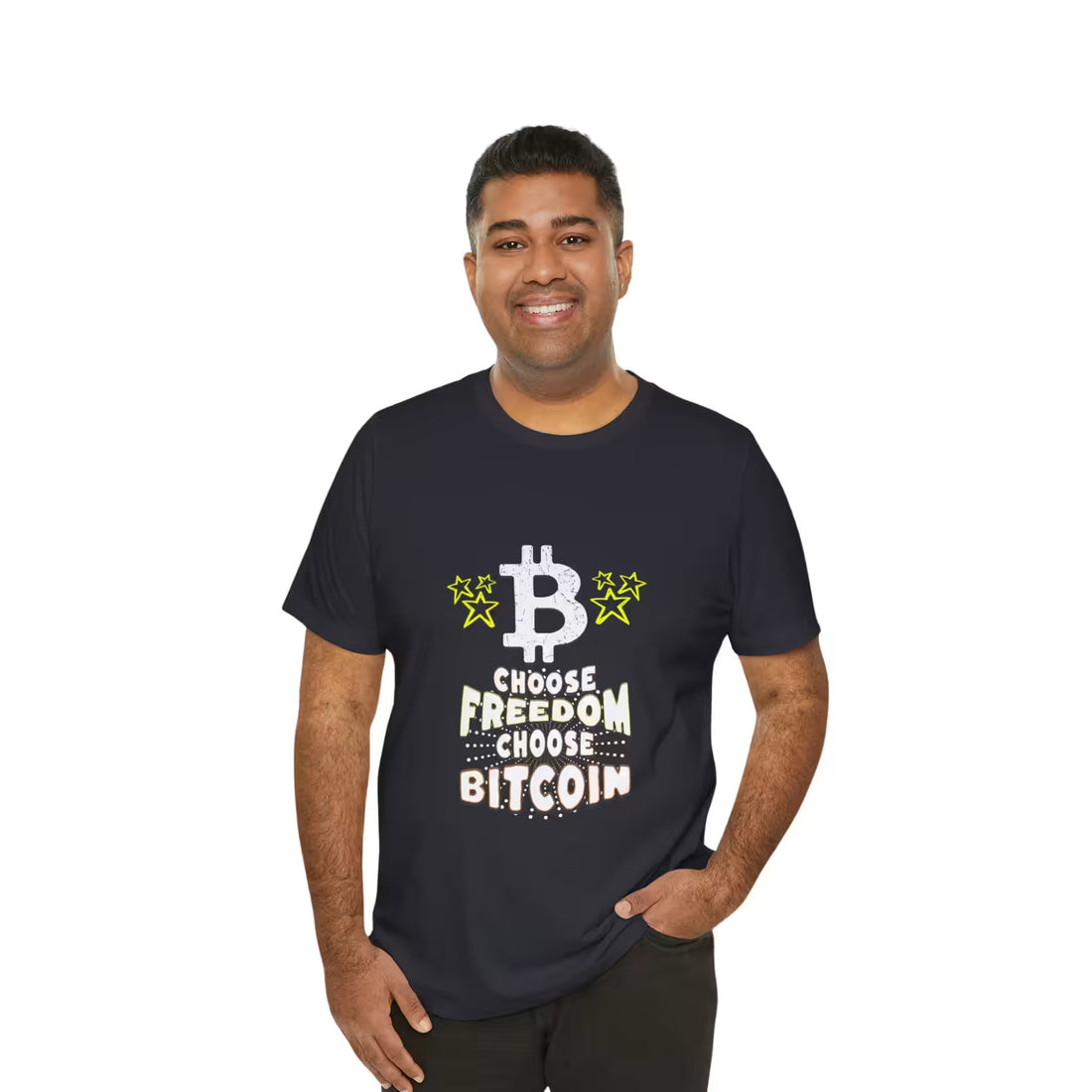 Front view of a model in the dark grey Choose Freedom Choose Bitcoin t-shirt, embracing true financial sovereignty.