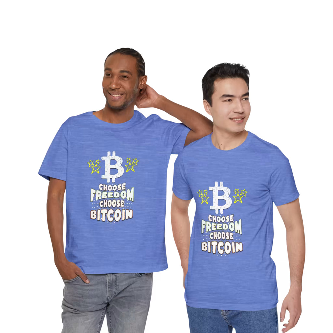 Duo models front view in heather columbia blue Choose Freedom Choose Bitcoin t-shirts. Escaping fiat together.