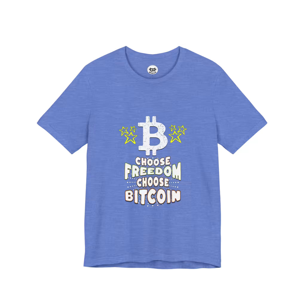 Flat lay of the heather columbia blue Choose Freedom Choose Bitcoin t-shirt, featuring soft Bella Canvas 3001 material.