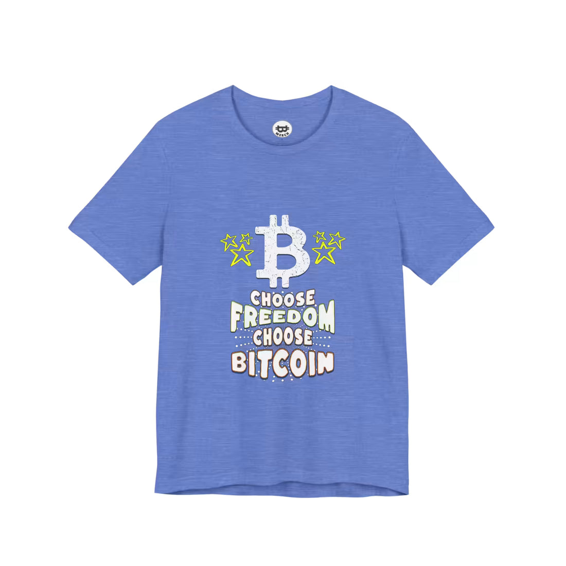 Flat lay of the heather columbia blue Choose Freedom Choose Bitcoin t-shirt, featuring soft Bella Canvas 3001 material.